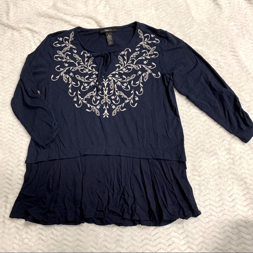 Embroidered navy blue layered tie front top